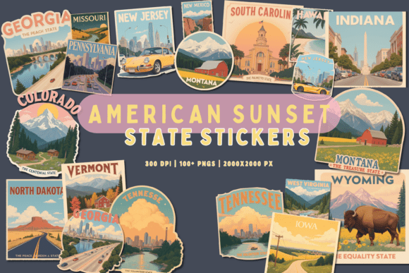 American Sunset State Stickers Set: Vintage Travel Vibes