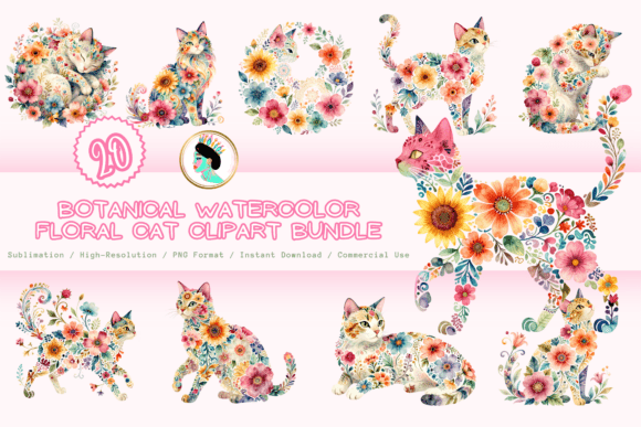 Botanical Floral Cat Clipart Bundle: Whimsical Watercolor Art