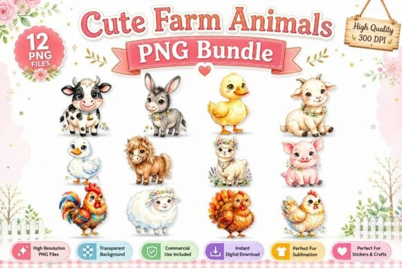 Country Charm Meets Modern Design with Cute Farm Animals PNG Watercolor Clipart