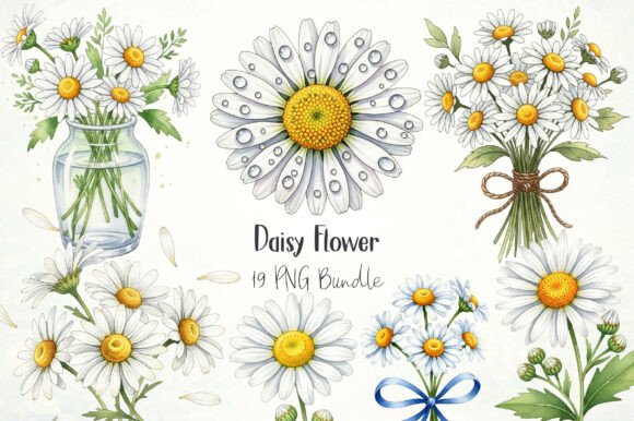 Daisy Flower Watercolor Clipart: 19 Designs for DIY Projects