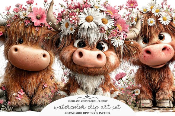 Highland Cow Floral Clipart: A Rustic Design Asset for Modern Makers