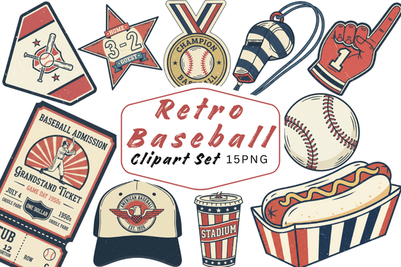 Retro Baseball Clipart Set: 15 PNGs for Timeless Design