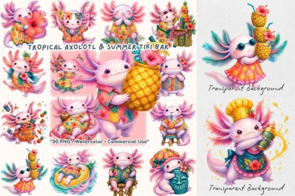 Tropical Tiki Axolotl Watercolor: A Splash of Summer Fun
