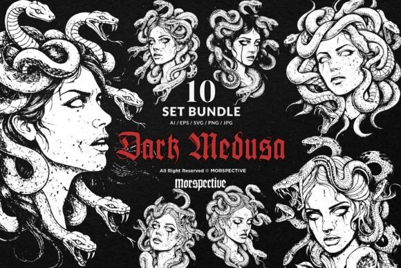 Unleash Dark Elegance: The 10 Bundle Medusa Vector Set
